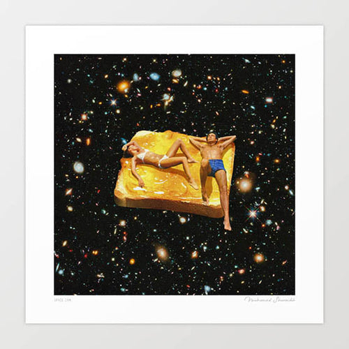 Space Jam surreal art print square — a woman in a white bikini and a man in blue swimming trunks lying on a thick golden buttered slice of toast floating through a Hubble Deep Field deep space background of thousands of galaxies and star clusters, surreal cosmic food humour lazy holiday print for kitchens home bars and eclectic interiors