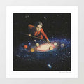 Space Pool surreal art print — retro mid-century woman playing billiards with planets on a galactic night sky pool table, cosmic wall art for eclectic interiors