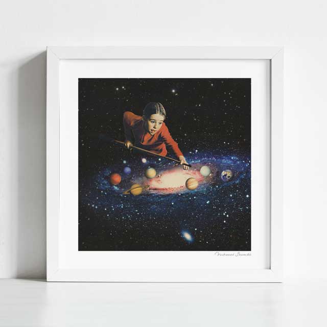 Space Pool art print framed view — vintage surreal collage of woman playing cosmic billiards with planets, retro galaxy wall art for game rooms and bold spaces
