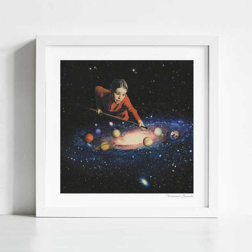 Space Pool art print framed view — vintage surreal collage of woman playing cosmic billiards with planets, retro galaxy wall art for game rooms and bold spaces