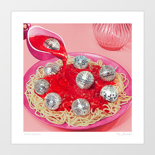 Spaghetti Disco Balls Pink and Red art print — spaghetti and tomato sauce on a pink plate with mirrored disco balls as meatballs and red sauce being poured from a pink gravy boat, surreal Italian food disco wall art for kitchens and restaurants