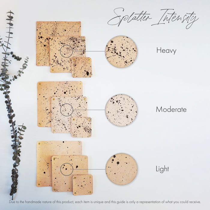 Keyaiira leather splatter intensity guide showing handmade vegetable-tanned leather samples in heavy, moderate, and light paint splatter finishes. Visual chart displays variation in hand-splattered natural leather used for Keyaiira hanging planters and accessories.