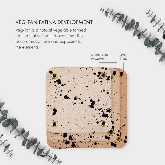 Keyaiira veg-tan patina development guide showing how natural vegetable-tanned leather darkens over time. Side-by-side comparison of new and aged speckled leather pieces with brass grommets, demonstrating the handcrafted aging process.