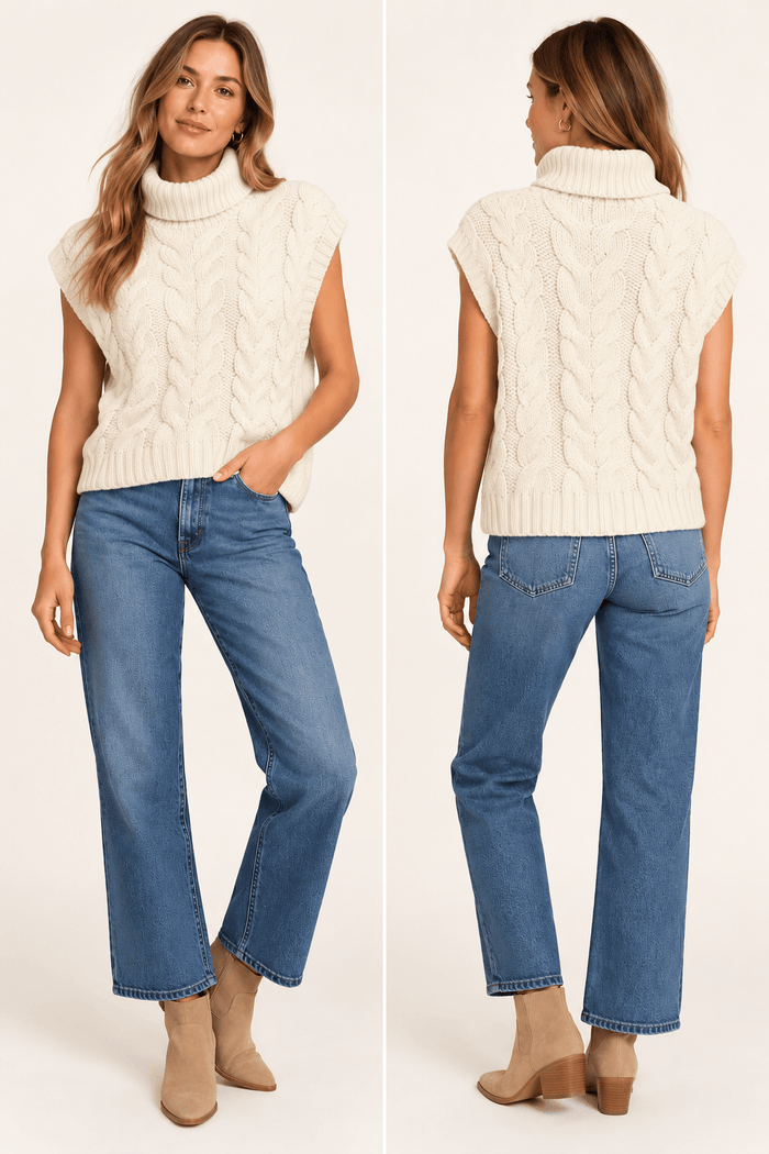 Splendid Cable Knit Short-Sleeved Turtleneck Sweater