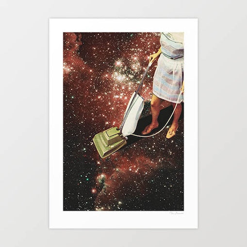 Star-dust surreal art print — glamorous 1950s housewife vacuuming stardust through the galaxy with a vintage hoover, kitsch retro space wall art for quirky and eclectic interiors