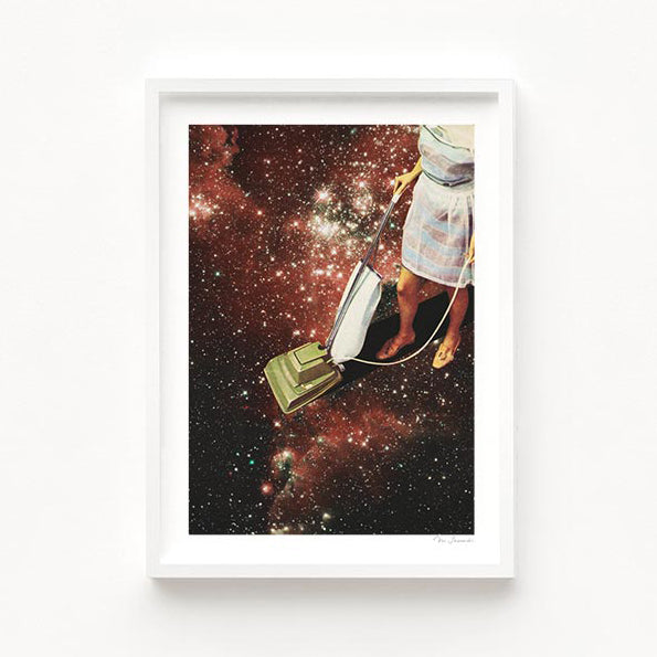 Star-dust detail view — mid-century housewife floating through deep space with a retro vacuum cleaner, surreal cosmic kitsch wall art for creative studios and gallery walls
