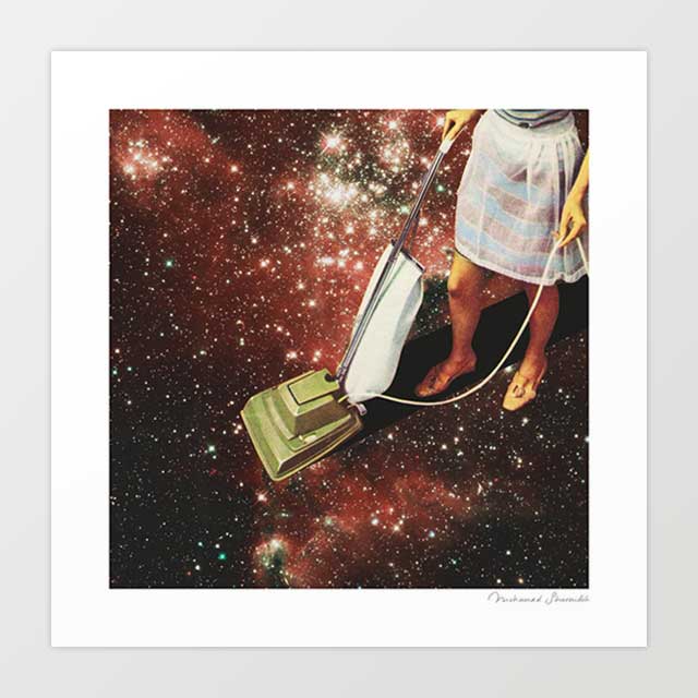 Star-dust art print portrait — vintage 1950s woman sweeping stars into stardust with a retro hoover, whimsical surreal space wall art for eclectic homes and bold interiors