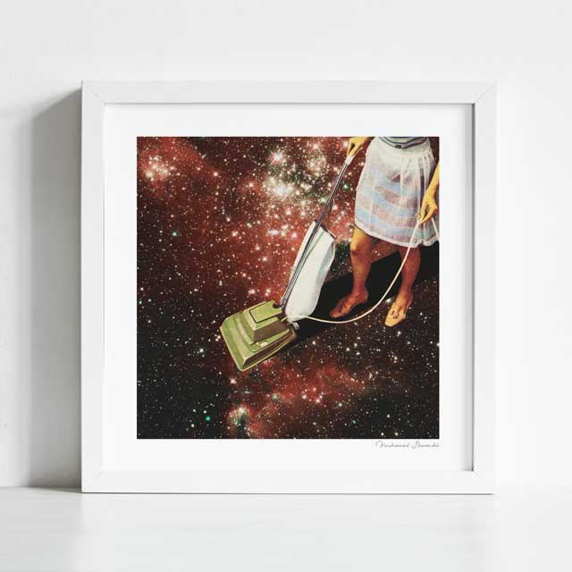 Star-dust art print framed view — surreal retro collage of housewife vacuuming the cosmos, kitsch vintage space wall art for living rooms and conversation-starting gallery walls