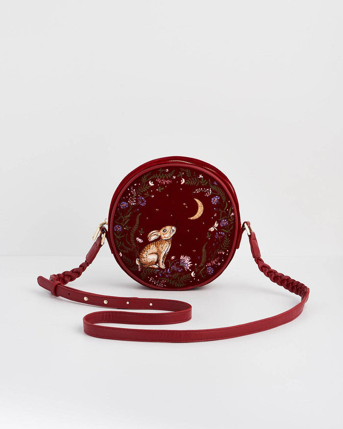 Star Gazing Rabbit Red Embroidered Circle Bag