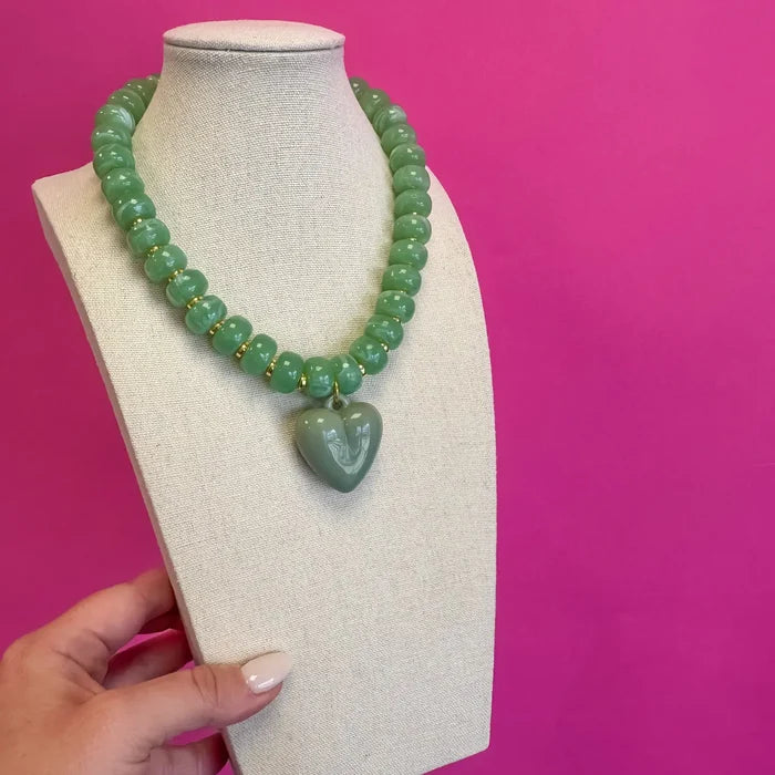 Statement Beaded Heart Necklace - Green