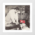 Staying Alike surreal art print — vintage 1960s black and white medical photograph of a young doctor in white coat performing CPR resuscitation on a patient, with a glowing red Instagram heart like notification showing the number 1 on the medical monitor, social media satire dark humour pop art wall art for doctors offices medical schools and digital culture lovers
