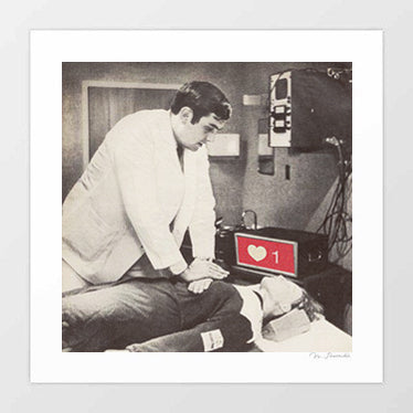 Staying Alike surreal art print — vintage 1960s black and white medical photograph of a young doctor in white coat performing CPR resuscitation on a patient, with a glowing red Instagram heart like notification showing the number 1 on the medical monitor, social media satire dark humour pop art wall art for doctors offices medical schools and digital culture lovers
