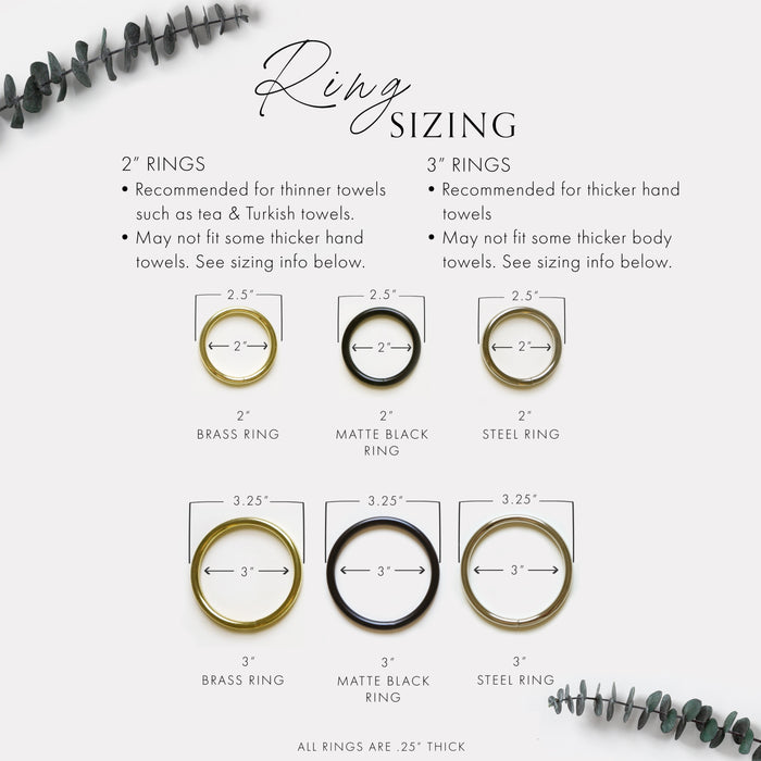 Steel ring sizing guide showing 1-inch, 2-inch, 2.5-inch, and 3.5-inch diameter options — modern metal O-rings for wall-mounted storage and leather hanging systems.