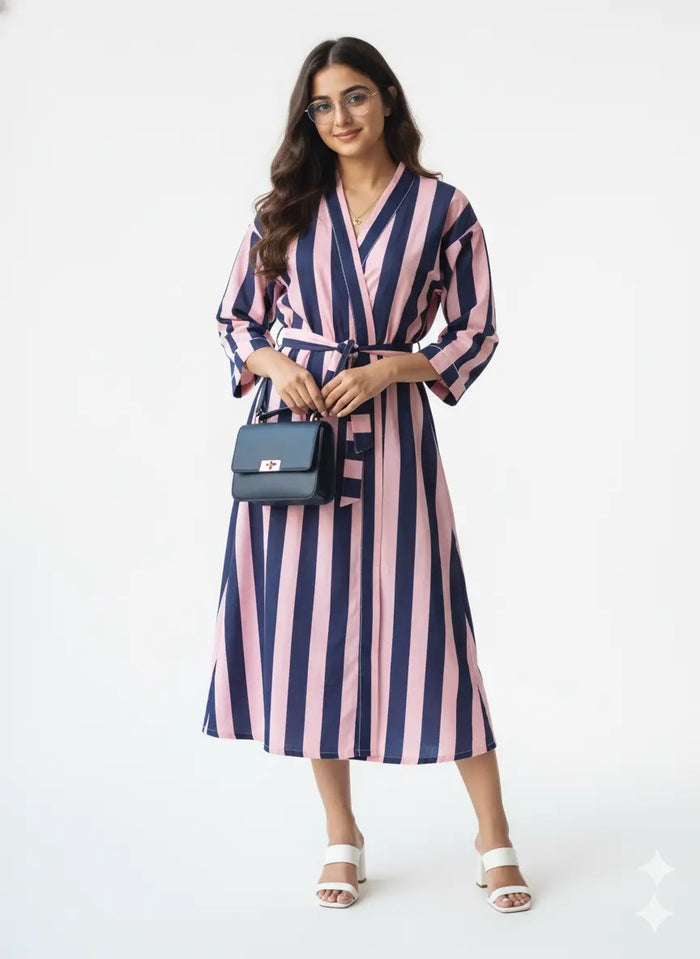 Stripe Print Bathrobe Cotton Kimono Robe for Women Beach wear Ethnic Summer Beach Cover up Handicraft Trend
