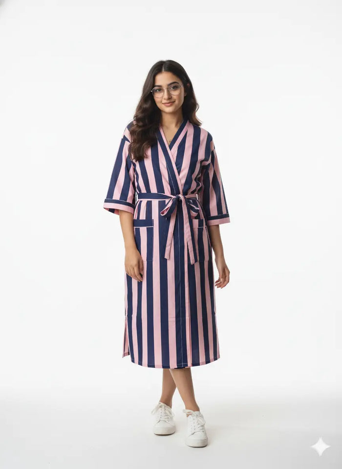Stripe Print Bathrobe Cotton Kimono Robe for Women Beach wear Ethnic Summer Beach Cover up Handicraft Trend