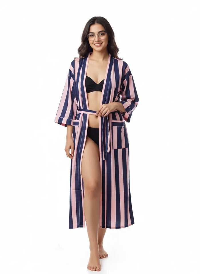 Stripe Print Bathrobe Cotton Kimono Robe for Women Beach wear Ethnic Summer Beach Cover up Handicraft Trend