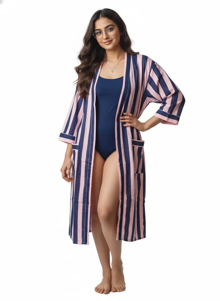 Stripe Print Bathrobe Cotton Kimono Robe for Women Beach wear Ethnic Summer Beach Cover up Handicraft Trend