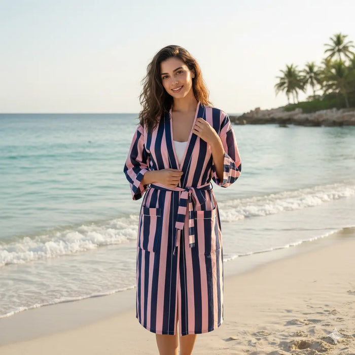 Stripe Print Bathrobe Cotton Kimono Robe for Women Beach wear Ethnic Summer Beach Cover up Handicraft Trend