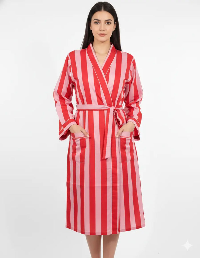 Stripe Print Bathrobe Cotton Kimono Robe Women Beach wear Red Ethnic Summer Beach Cover up Handicraft Trend