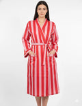 Stripe Print Bathrobe Cotton Kimono Robe Women Beach wear Red Ethnic Summer Beach Cover up Handicraft Trend