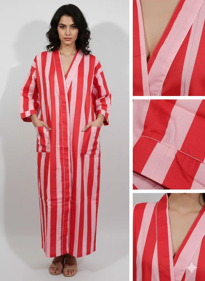 Stripe Print Bathrobe Cotton Kimono Robe Women Beach wear Red Ethnic Summer Beach Cover up Handicraft Trend