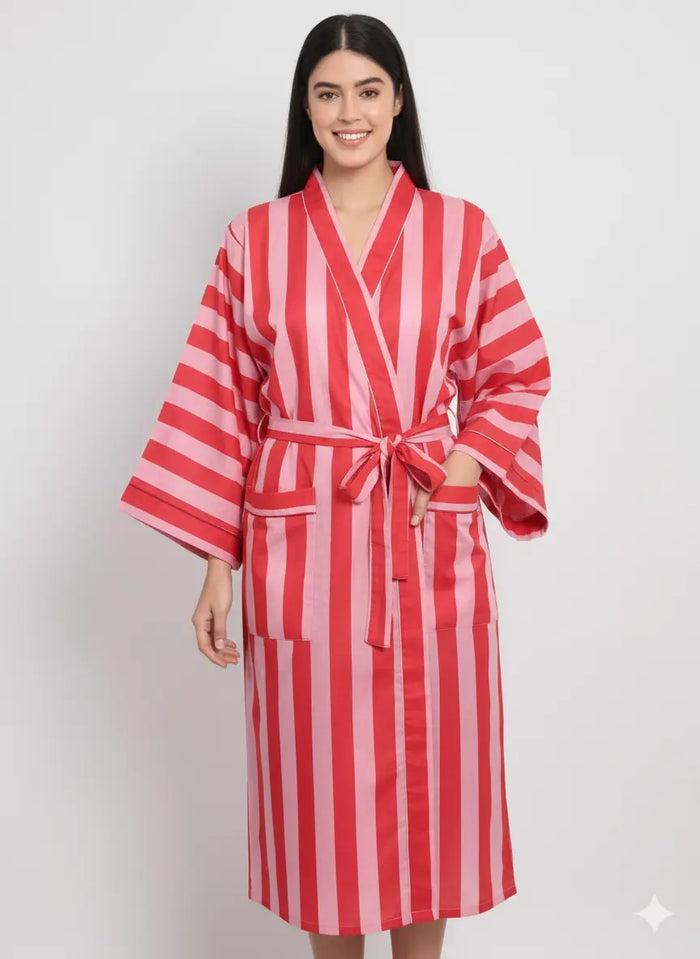 Stripe Print Bathrobe Cotton Kimono Robe Women Beach wear Red Ethnic Summer Beach Cover up Handicraft Trend