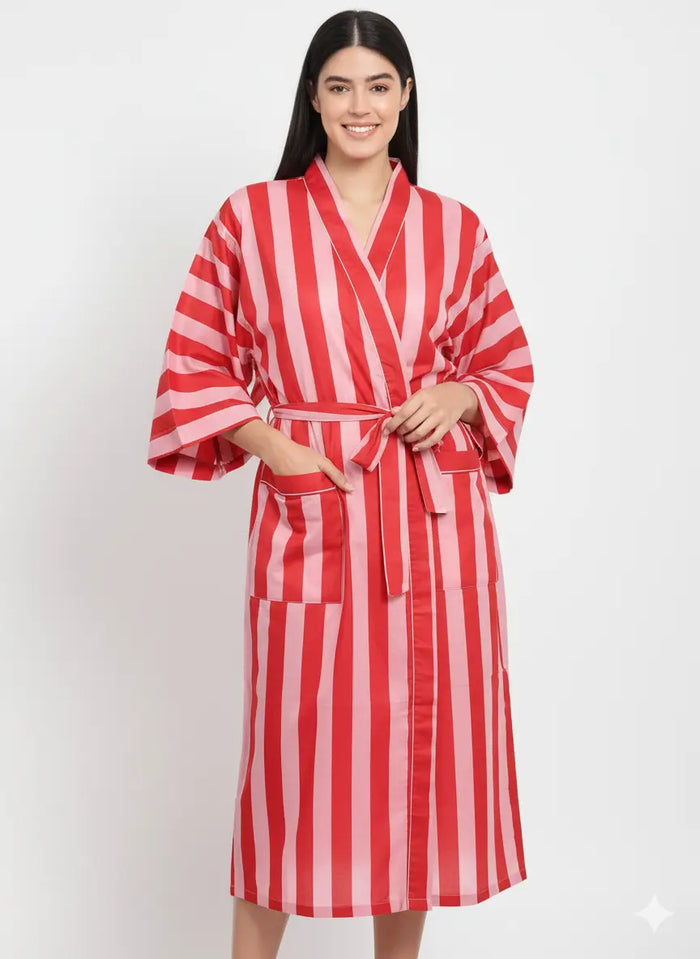 Stripe Print Bathrobe Cotton Kimono Robe Women Beach wear Red Ethnic Summer Beach Cover up Handicraft Trend