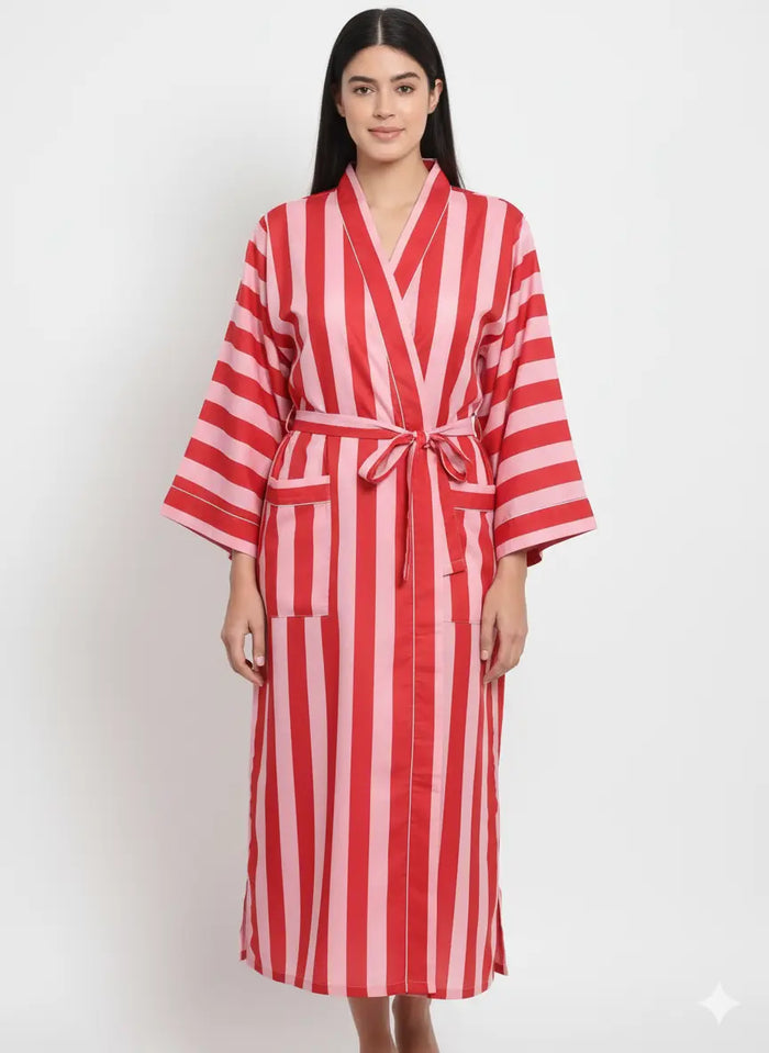 Stripe Print Bathrobe Cotton Kimono Robe Women Beach wear Red Ethnic Summer Beach Cover up Handicraft Trend