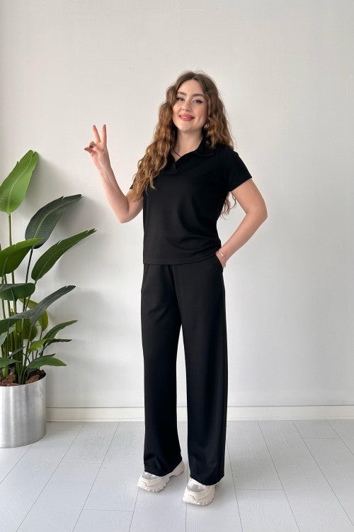 Summer Casual Women's Polo Collar Top & Trouser Set
