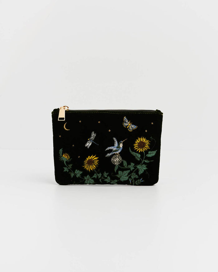 Sunflower Green Velvet Embroidered Pouch