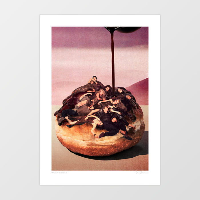 Surreal Decadent Donut art print — giant glazed donut in a desert landscape with dramatic figures draped across it and chocolate sauce pouring from above, surreal food wall art for kitchens and eclectic interiors