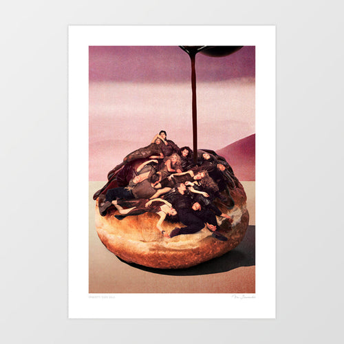Surreal Decadent Donut art print — giant glazed donut in a desert landscape with dramatic figures draped across it and chocolate sauce pouring from above, surreal food wall art for kitchens and eclectic interiors