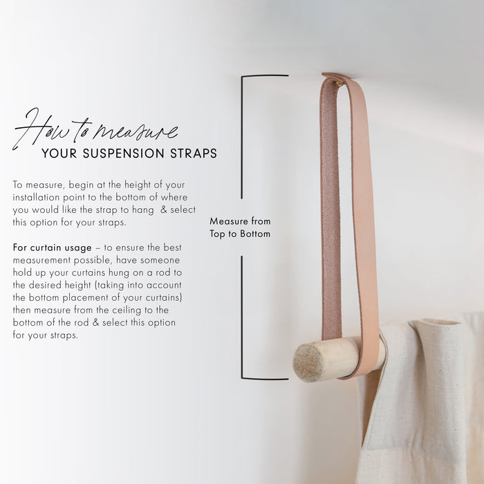 Keyaiira suspension strap measuring guide showing how to measure from ceiling to bottom of dowel. Visual instruction for selecting hanging strap length for curtains or ceiling racks.