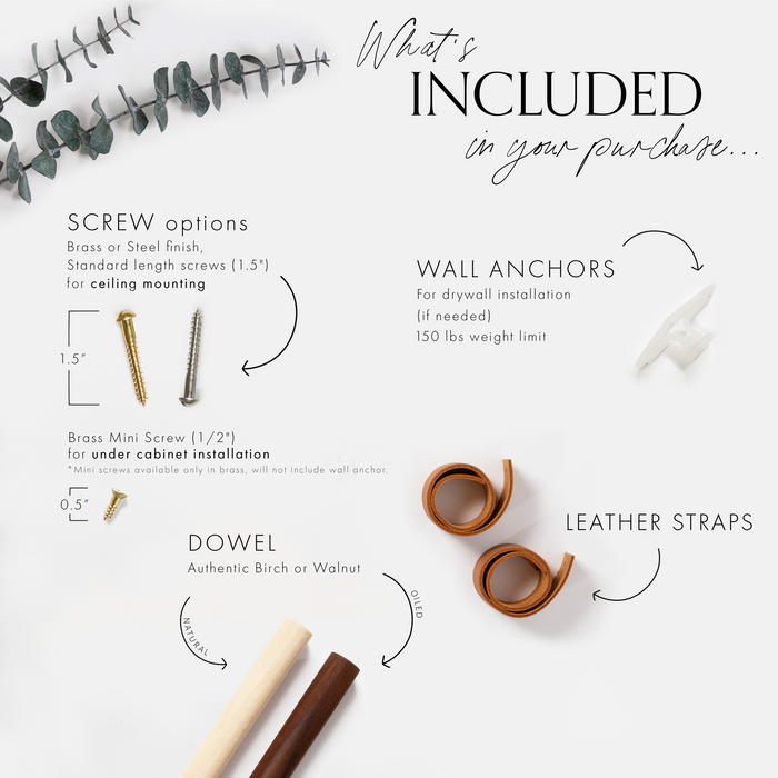 Keyaiira hanging rail hardware and material guide showing included brass screws, wall anchors, birch and walnut dowels, and leather straps. Handcrafted product components flat lay.