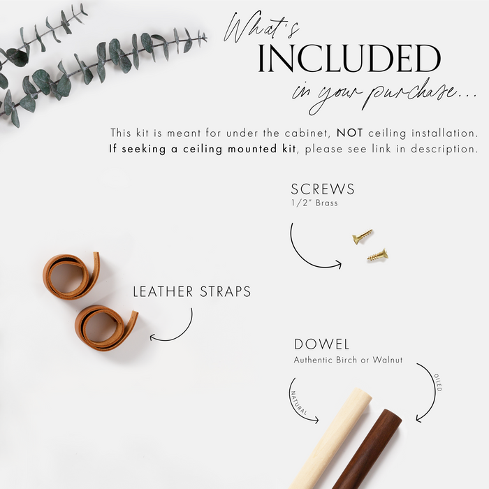 Detailed sizing guide for suspended wall storage system — dowel length options and leather color selections for custom kitchen organization.