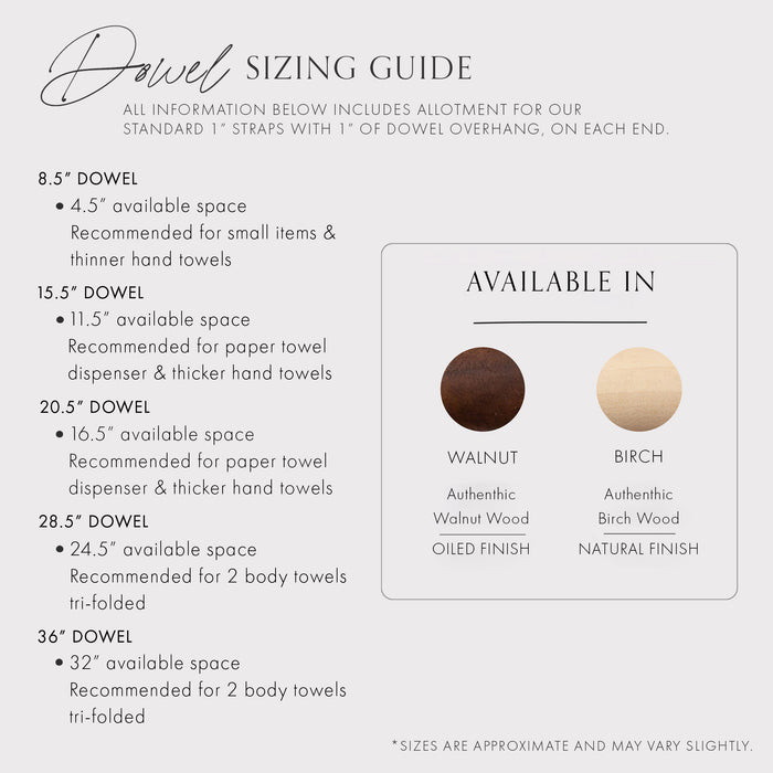 Wood dowel length comparison chart for suspended storage system — custom sizing options for wall-mounted kitchen rail.