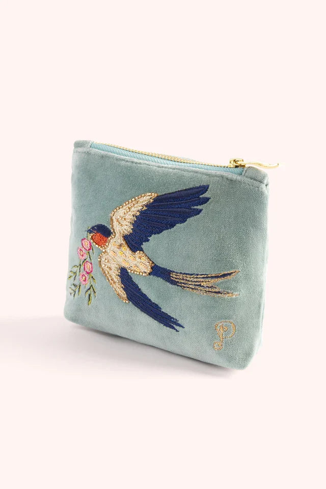 Swooping Swallows Velvet Embroidered Mini Pouch