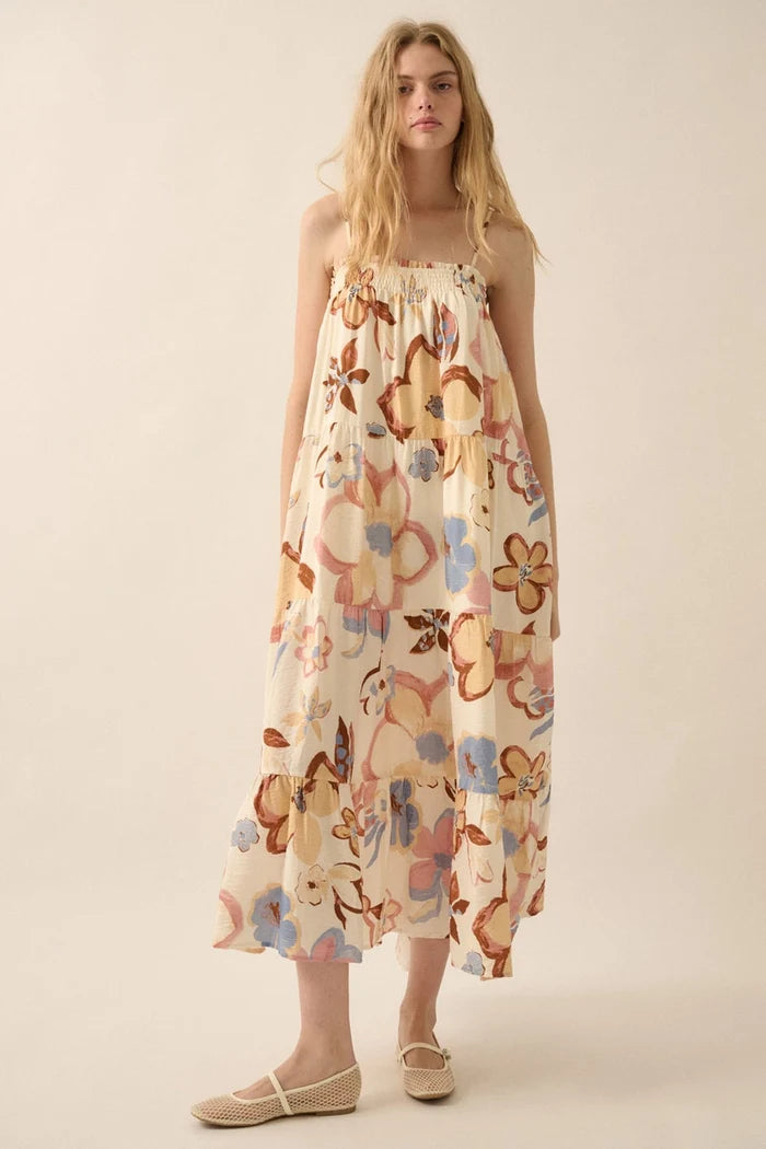 Textured Floral-Print Tiered Ruffle Maxi Dress