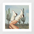 These Boots Cactus Yeehaw art print — bare tanned legs kicked up wearing cream white tooled leather cowboy boots with dark brown contrast heel and intricate embossed scroll detailing against a backdrop of towering Saguaro cacti and a pale bleached blue Arizona desert sky, vintage analogue film aesthetic Southwest cowgirl freedom art print for desert interiors Airbnb spaces and Western boutiques