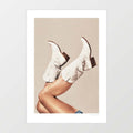 These Boots - Neutral art print — classic white cowboy boots against a soft neutral backdrop, minimal western fashion wall art for country chic, Airbnb and modern ranch interiors