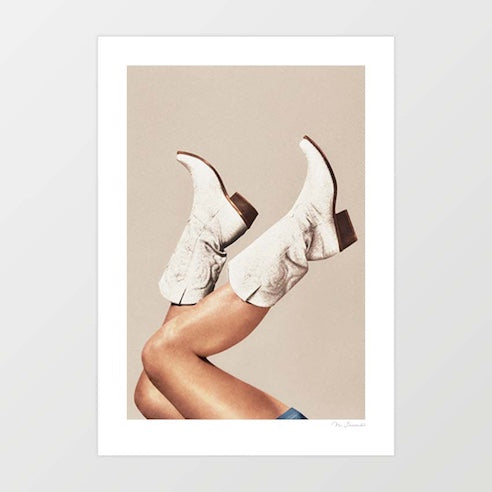 These Boots - Neutral art print — classic white cowboy boots against a soft neutral backdrop, minimal western fashion wall art for country chic, Airbnb and modern ranch interiors