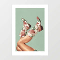 Surreal art print of floral cowgirl boots with pink roses and green leaves kicked in the air against a soft sage green background – These Boots Floral Boho Green by Vertigo Artography