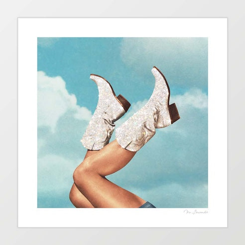 These Boots – Glitter Blue Sky Art Print by Vertigo Artography | Glitter Cowgirl Boots Sky Wall Art | Dreamer Western Poster | Outdoor Cowgirl Print | Cloud Sky Art