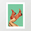 Surreal art print of copper glitter cowgirl boots with legs kicked in the air against a mint green background – These Boots Glitter Showgirl by Vertigo Artography