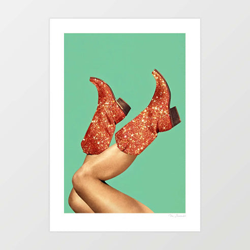 Surreal art print of copper glitter cowgirl boots with legs kicked in the air against a mint green background – These Boots Glitter Showgirl by Vertigo Artography