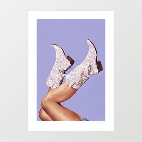Surreal art print of sparkling glitter cowgirl boots with legs kicked in the air against a periwinkle lavender background – These Boots Glitter Very Peri by Vertigo Artography