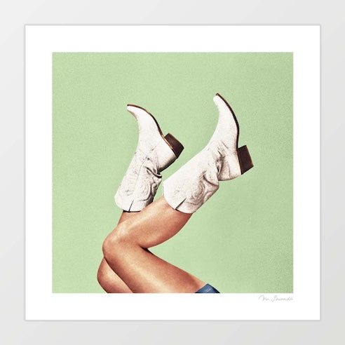 Contemporary art print of white embroidered cowgirl boots with legs kicked in the air against a clean mint green background – These Boots Green by Vertigo Artography