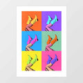 Retro pop art cowgirl wall art print featuring six colourful panels of cowboy boots kicked in the air in yellow, blue, pink, orange, green and purple – These Boots Pop Art by Vertigo Artography