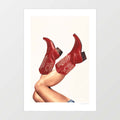These Boots Rouge art print — bare tanned legs crossed at the ankle wearing deep burgundy rouge cowboy boots with intricate blush cream embossed feather and botanical scroll tooling across the shaft and dark brown stacked heel against a pure warm ivory background, luxury western glamour artisan leatherwork fashion art print for boutique hotel boudoir dressing room and fashion interior decor