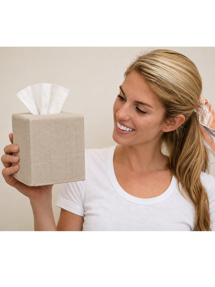 Tissue Box Cover - Natural Linen, Plain, Square Opening